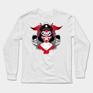 Japanese geisha with oni mask, tattoo style design Long Sleeve T-Shirt